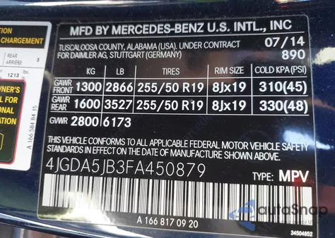 2015 Mercedes-Benz Ml 350 from USA, damaged, VIN 4JGDA5JB3FA450879